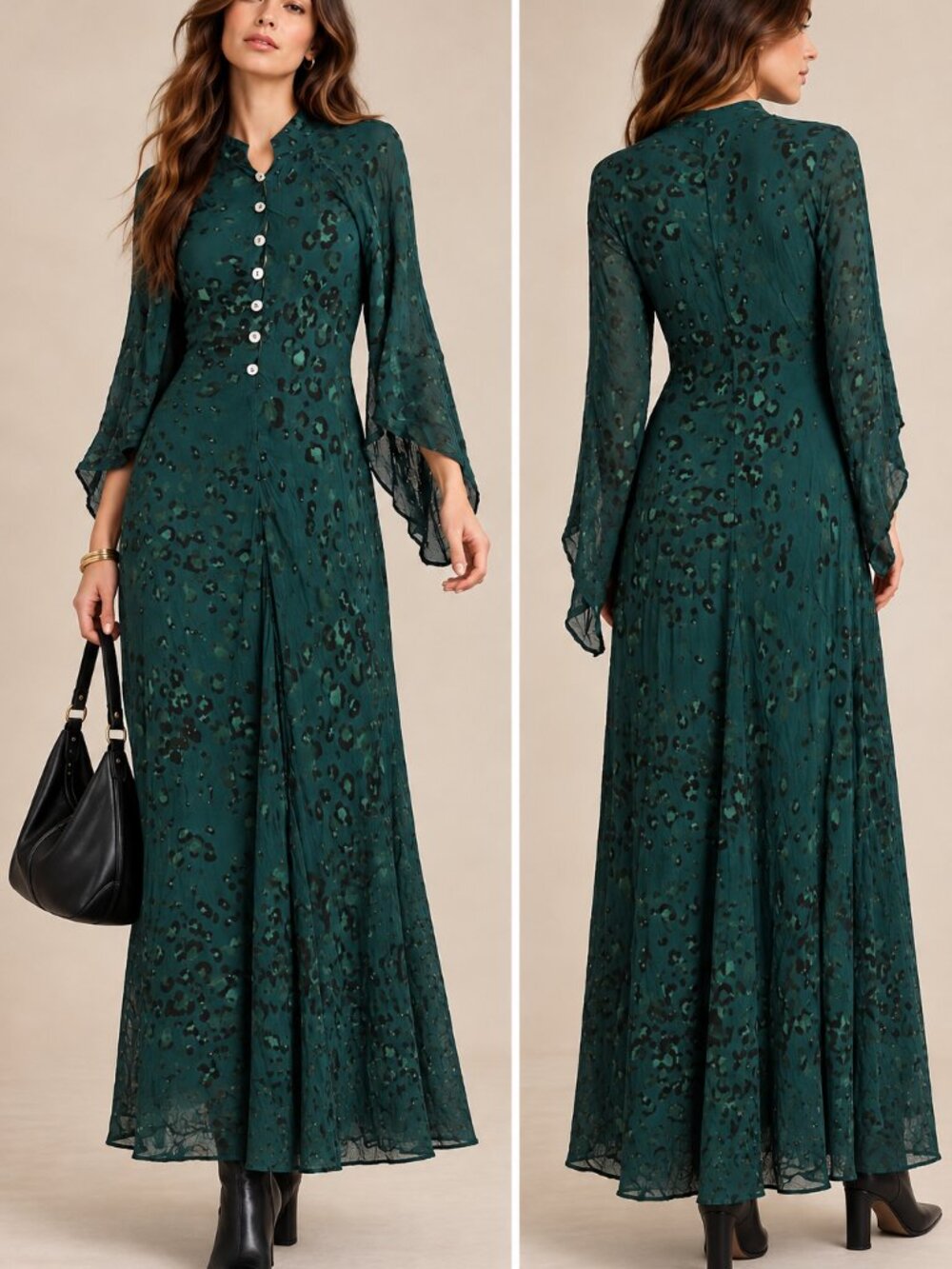 Jen's Pirate Booty Green Animal Print Boho Maxi Dress XS